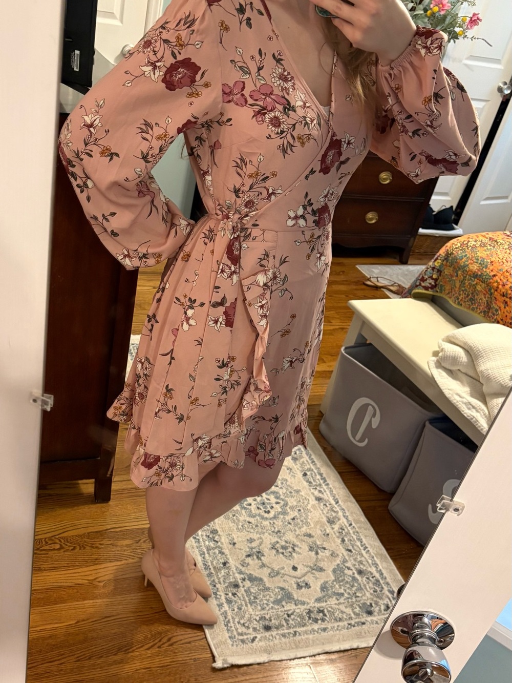 Floral mauve/dusty rose faux wrap dress knee length with bishop sleeves
